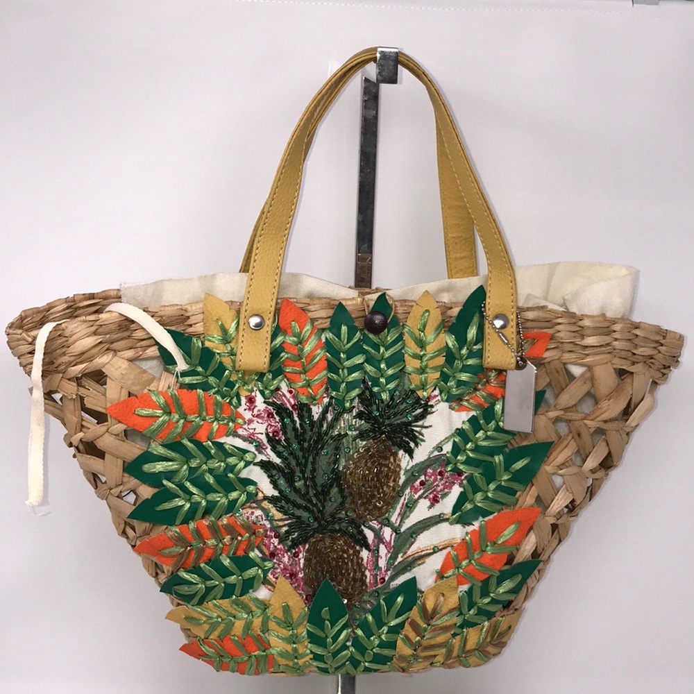 Sepui Marie straw tote tropical botanical embellished